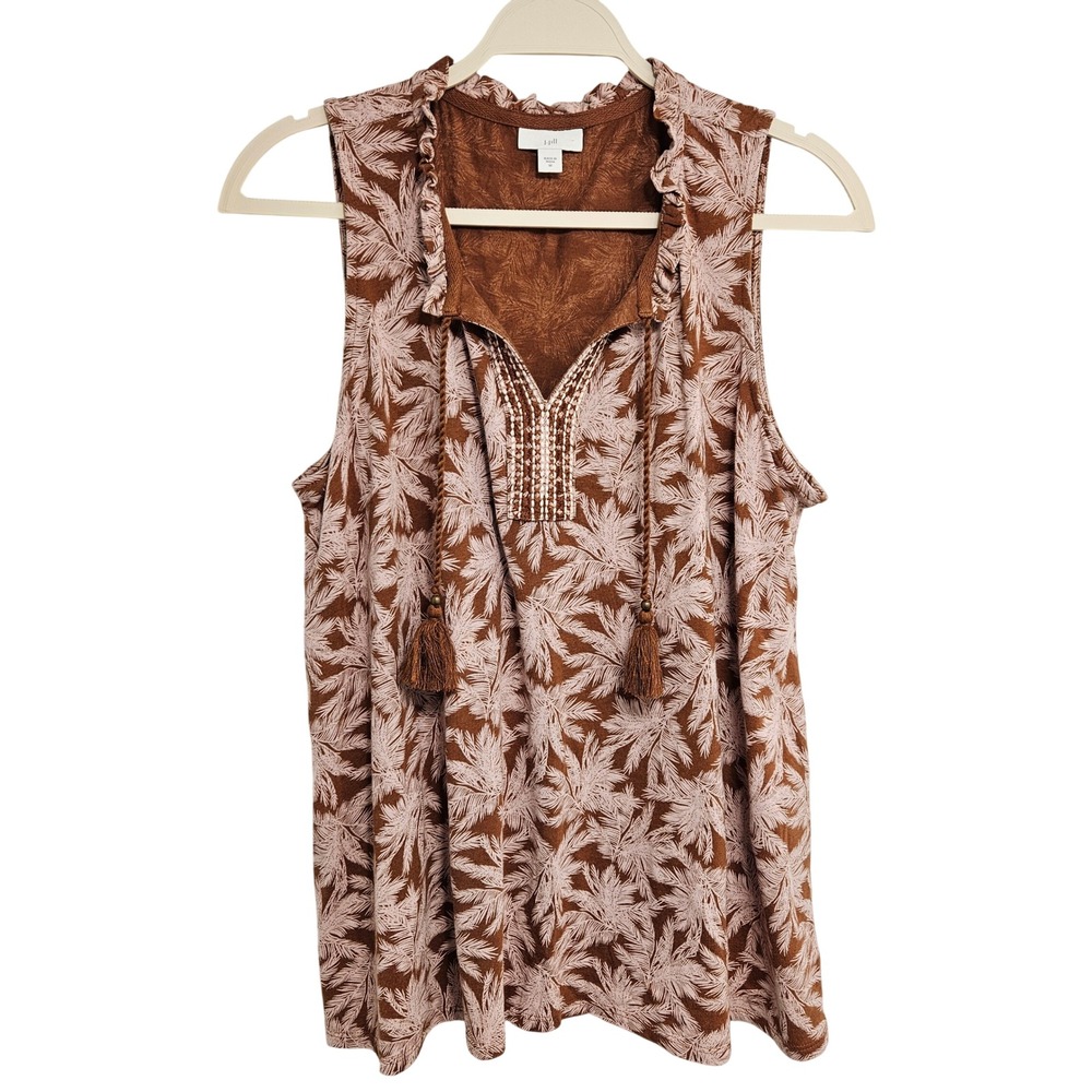 J. Jill Knit Embroidered Top Knit Cotton Tencel Relaxed Sleeveless Brown Boho M